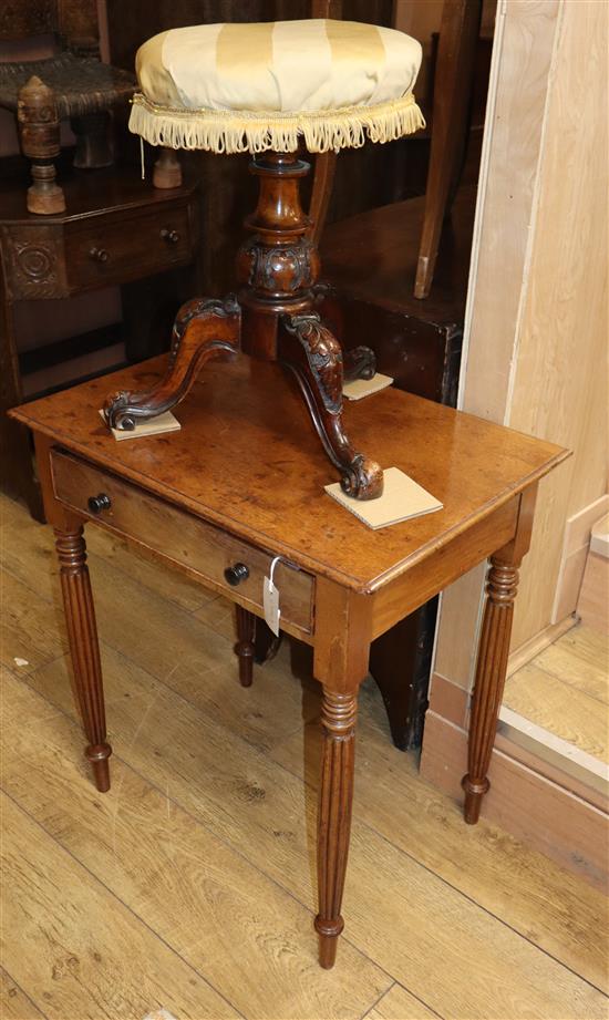 An early Victorian mahogany side table together with a Victorian tripod piano stool Table width 66cm